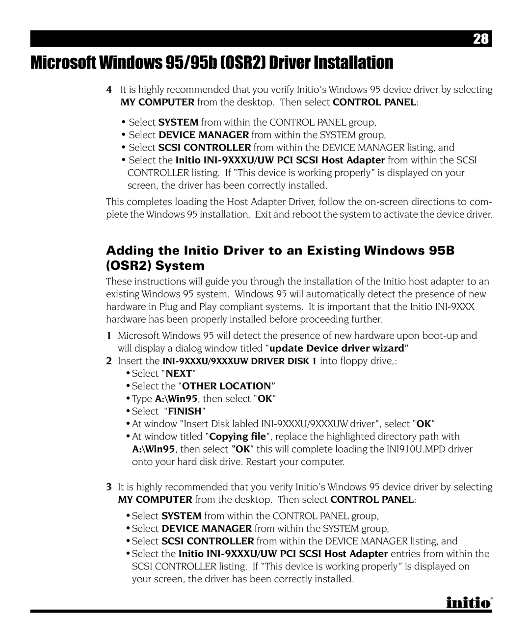 Initio I/O HIGHWAY manual Microsoft Windows 95/95b OSR2 Driver Installation 