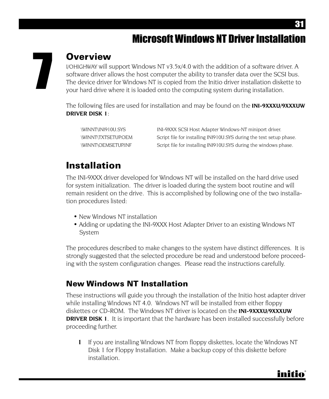 Initio I/O HIGHWAY manual Microsoft Windows NT Driver Installation, New Windows NT Installation 