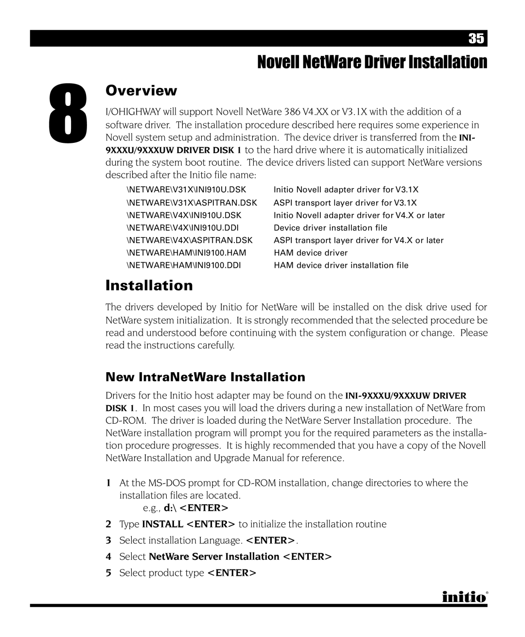 Initio I/O HIGHWAY manual Novell NetWare Driver Installation, New IntraNetWare Installation 