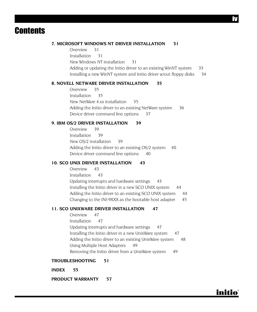 Initio I/O HIGHWAY manual Troubleshooting Index Product Warranty 