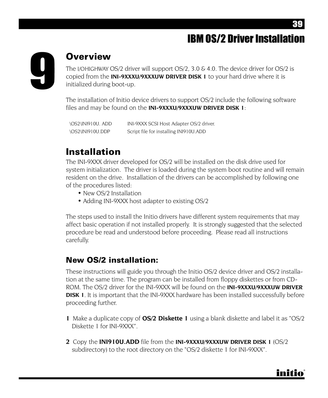 Initio I/O HIGHWAY manual IBM OS/2 Driver Installation, New OS/2 installation 