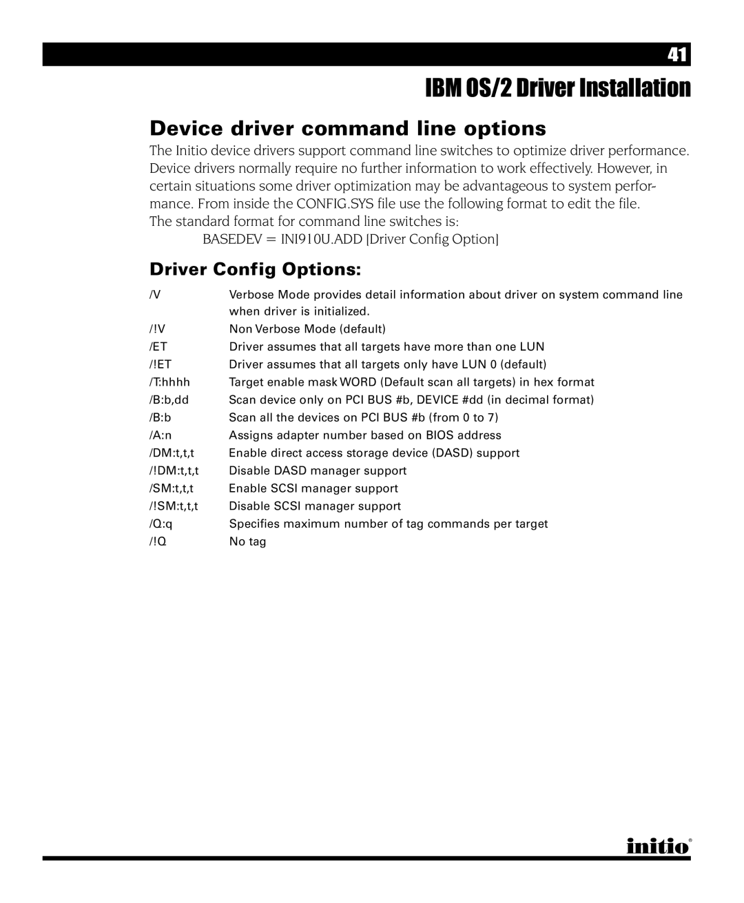 Initio I/O HIGHWAY manual Device driver command line options 