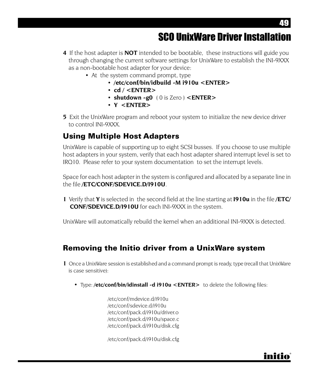 Initio I/O HIGHWAY manual Using Multiple Host Adapters, Removing the Initio driver from a UnixWare system 