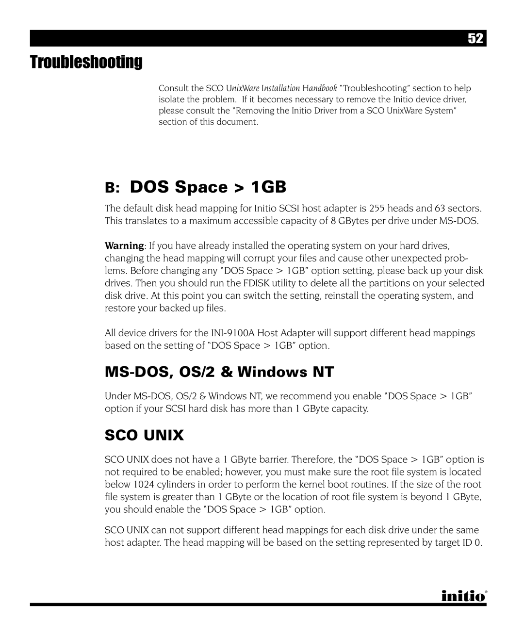 Initio I/O HIGHWAY manual DOS Space 1GB, MS-DOS, OS/2 & Windows NT 