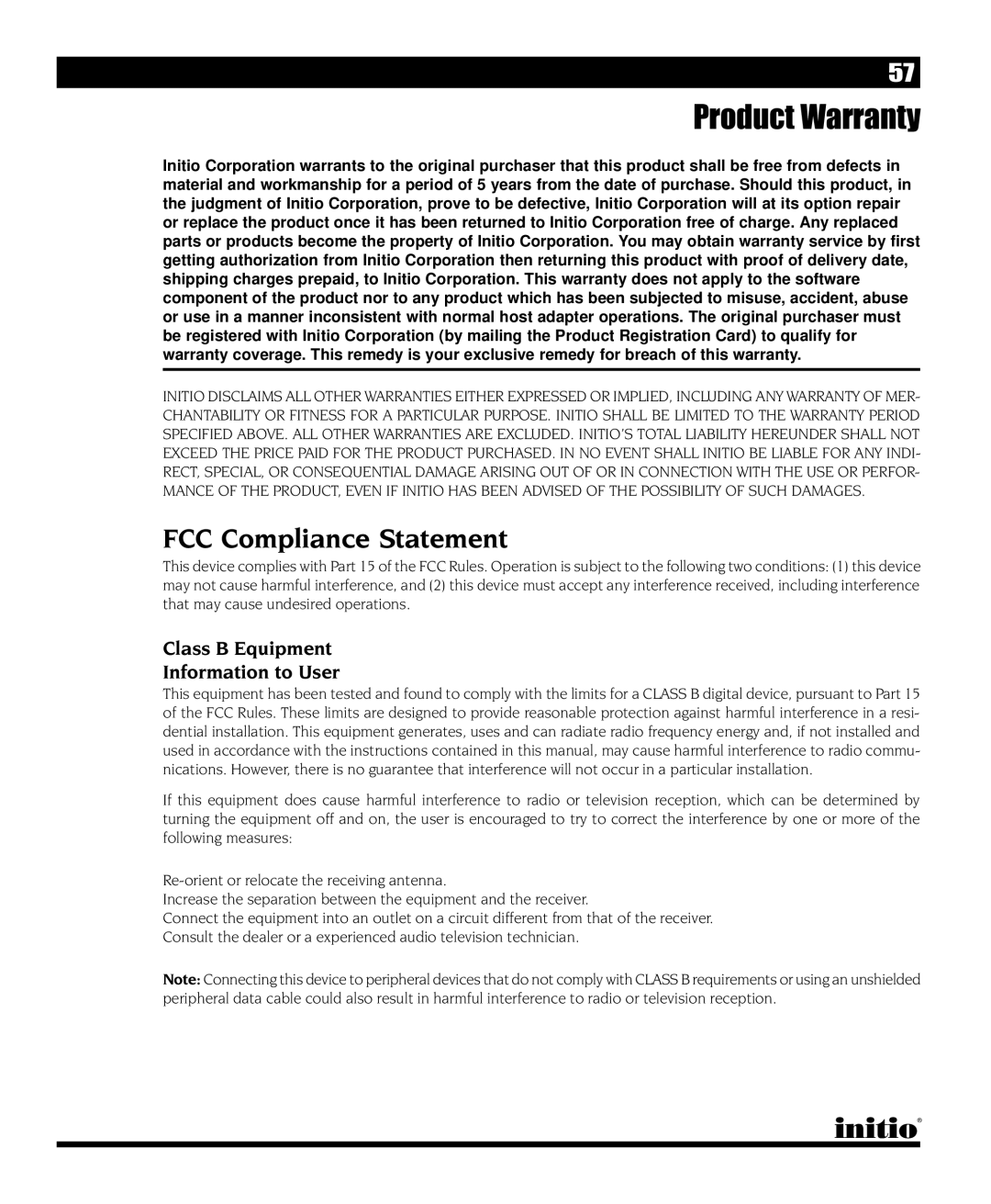 Initio I/O HIGHWAY manual Product Warranty, FCC Compliance Statement 