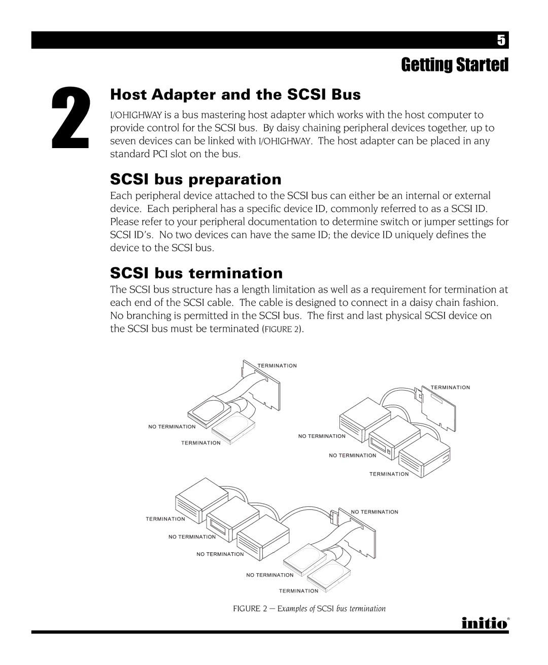 Initio I/O HIGHWAY manual Getting Started, Host Adapter and the Scsi Bus, Scsi bus preparation, Scsi bus termination 