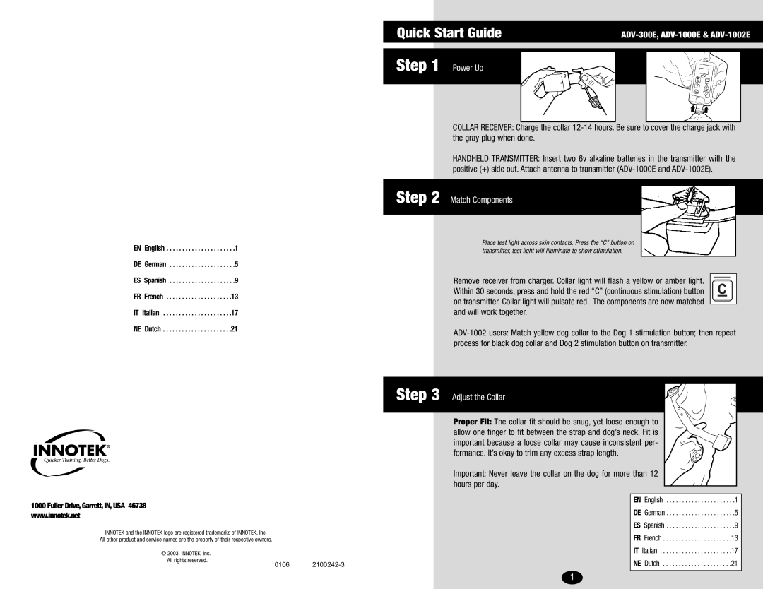 Innotek ADV-1002E, ADV-300E, ADV-1000E quick start Quick Start Guide, Power Up, Match Components, Adjust the Collar, 0106 