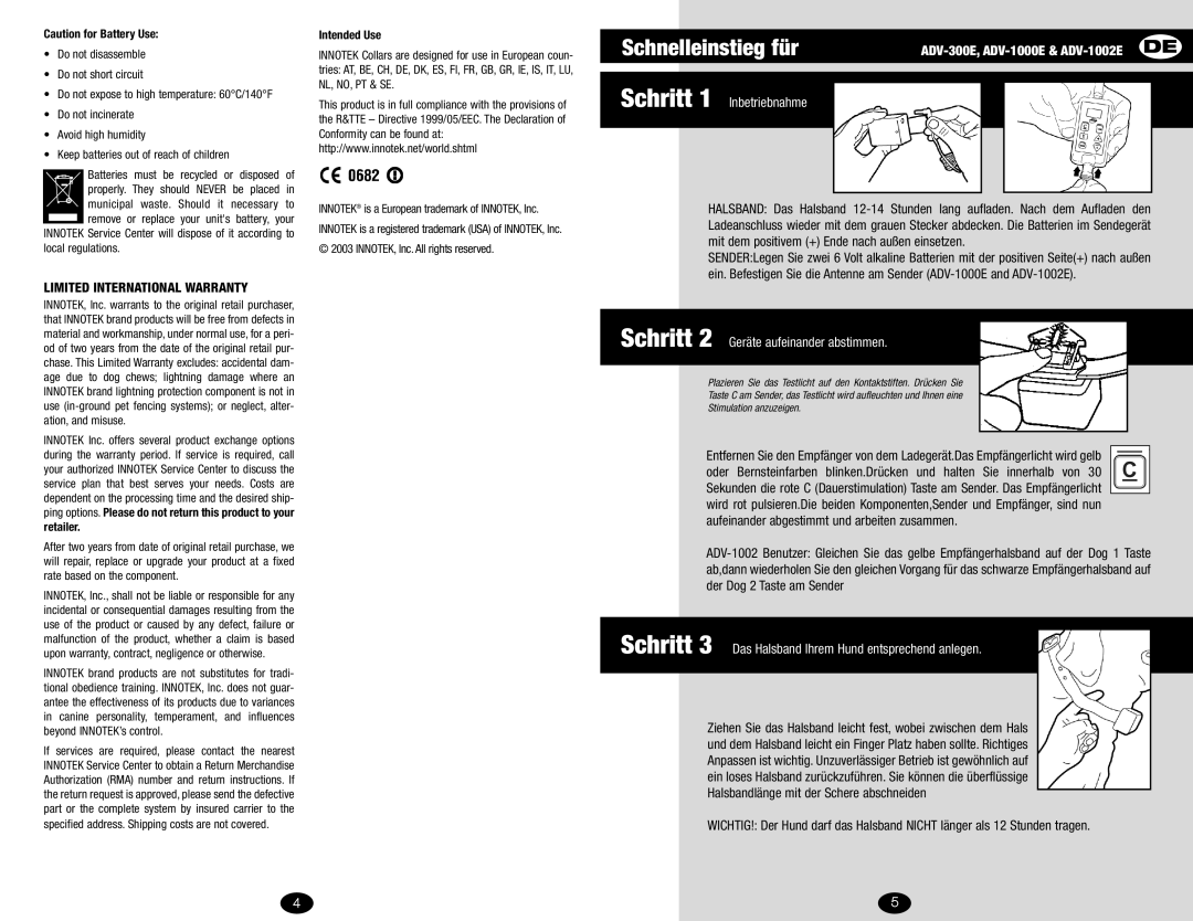 Innotek ADV-300E Schnelleinstieg für, Schritt 1 Inbetriebnahme, Schritt 2 Geräte aufeinander abstimmen, Intended Use 