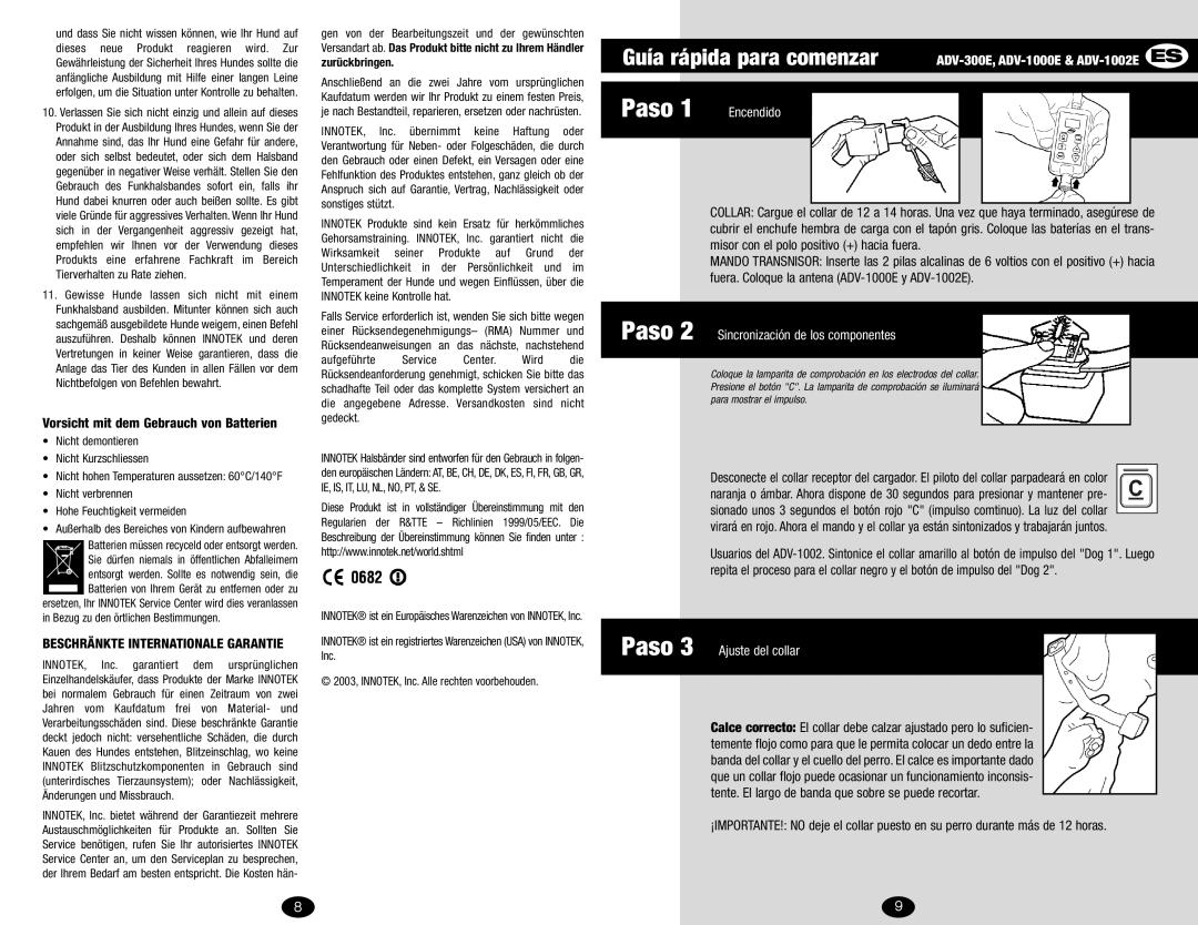 Innotek ADV-1000E, ADV-300E Guía rápida para comenzar, Paso 2 Sincronización de los componentes, Paso 3 Ajuste del collar 