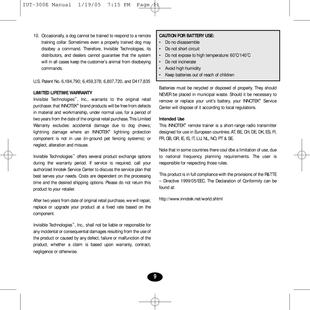 Innotek IUT-300E manual Limited Lifetime Warranty, Intended Use 