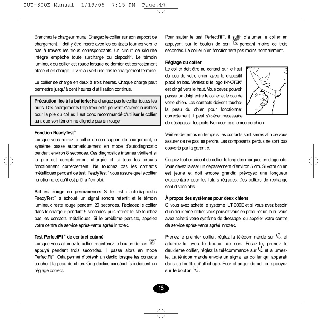 Innotek IUT-300E manual Fonction ReadyTest, Test PerfectFit de contact cutané, Réglage du collier 