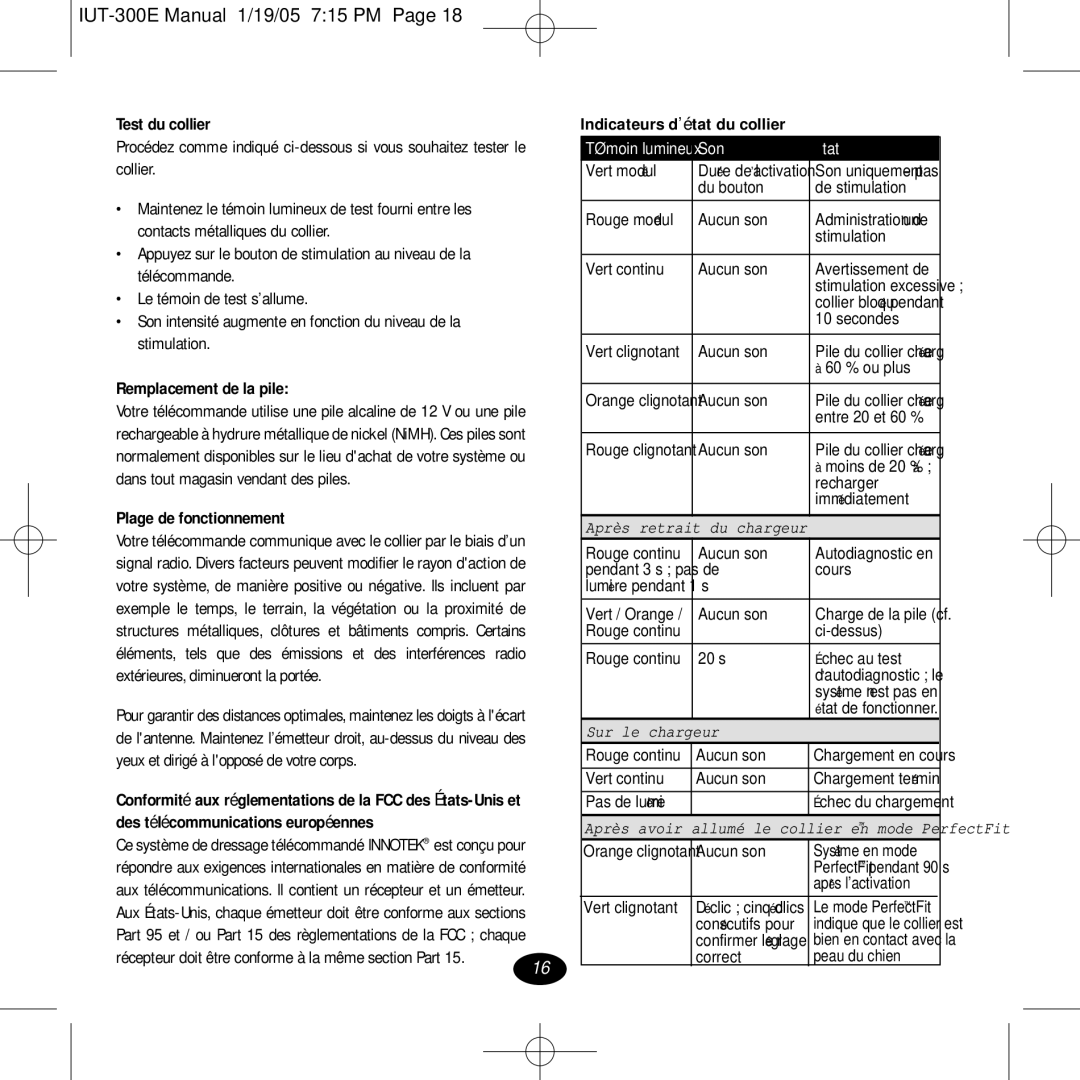 Innotek IUT-300E Test du collier, Remplacement de la pile, Plage de fonctionnement, Des télécommunications européennes 