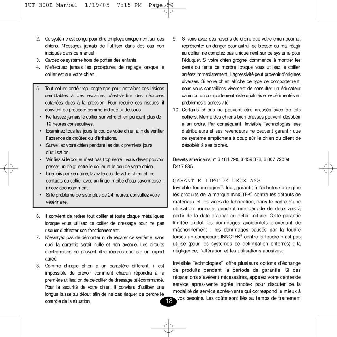 Innotek IUT-300E manual Garantie Limitée DE Deux ANS 