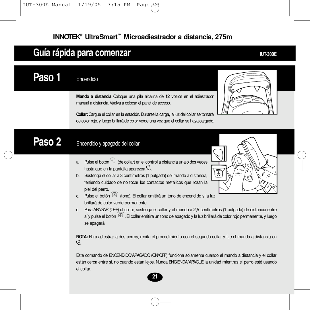 Innotek IUT-300E manual Innotek UltraSmart Microadiestrador a distancia, 275m, Paso 1 Encendido 