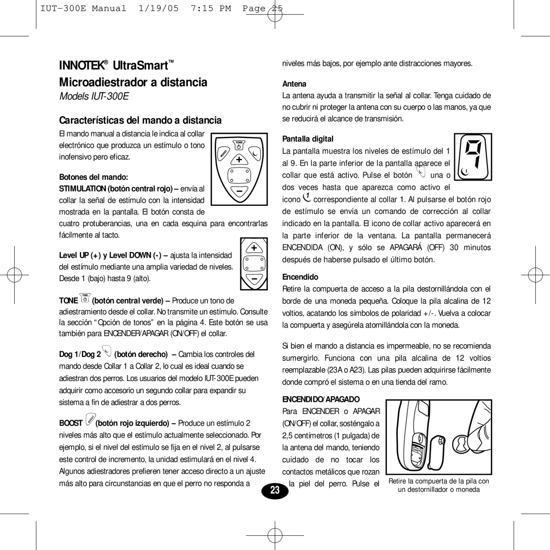 Innotek IUT-300E Innotek UltraSmart Microadiestrador a distancia, Características del mando a distancia, Encendido/Apagado 