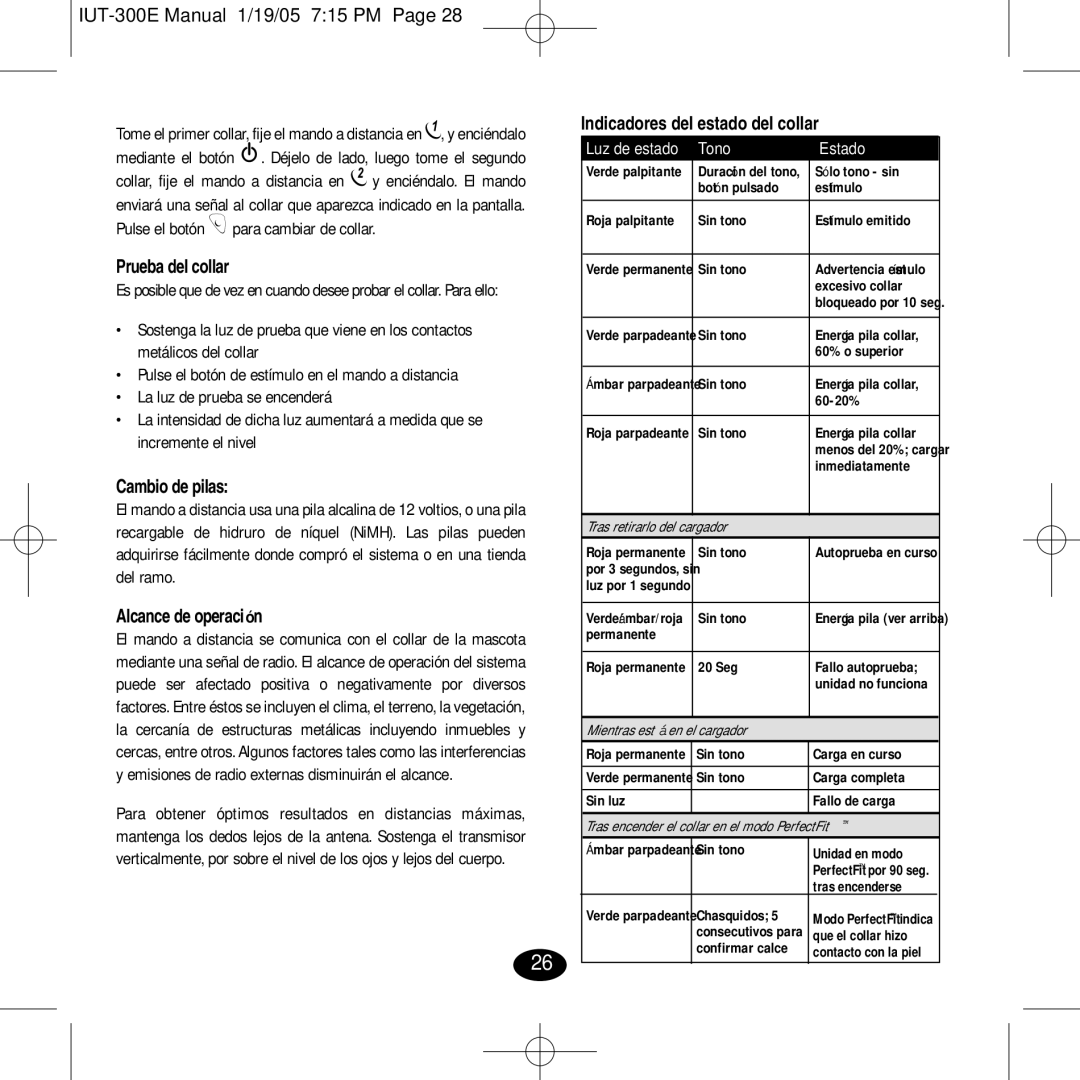 Innotek IUT-300E manual Prueba del collar, Cambio de pilas, Alcance de operación, Indicadores del estado del collar 