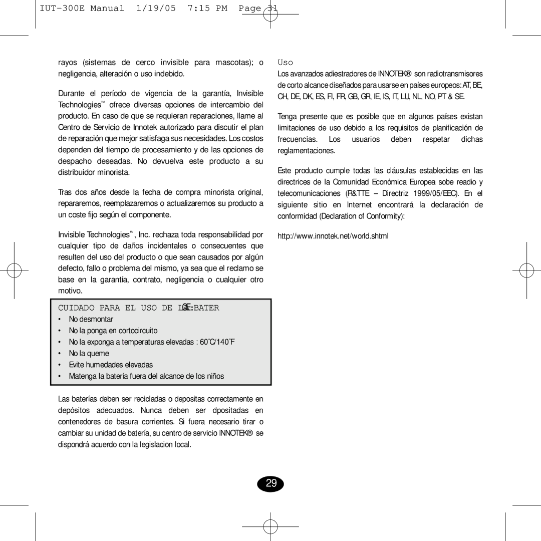 Innotek IUT-300E manual Cuidado Para EL USO DE LA Batería, No desmontar No la ponga en cortocircuito, Uso 