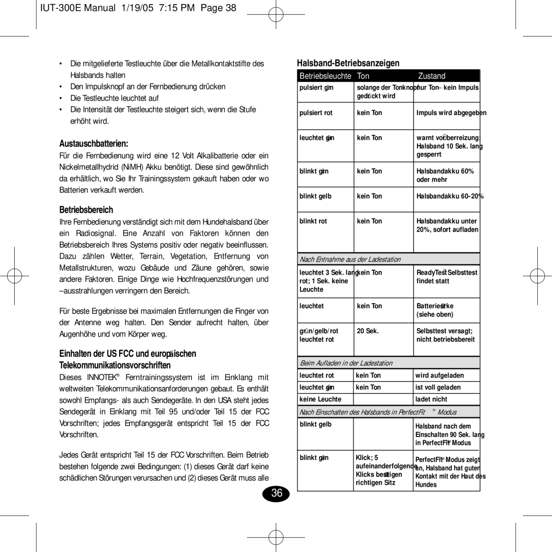 Innotek IUT-300E manual Austauschbatterien, Betriebsbereich, Halsband-Betriebsanzeigen 