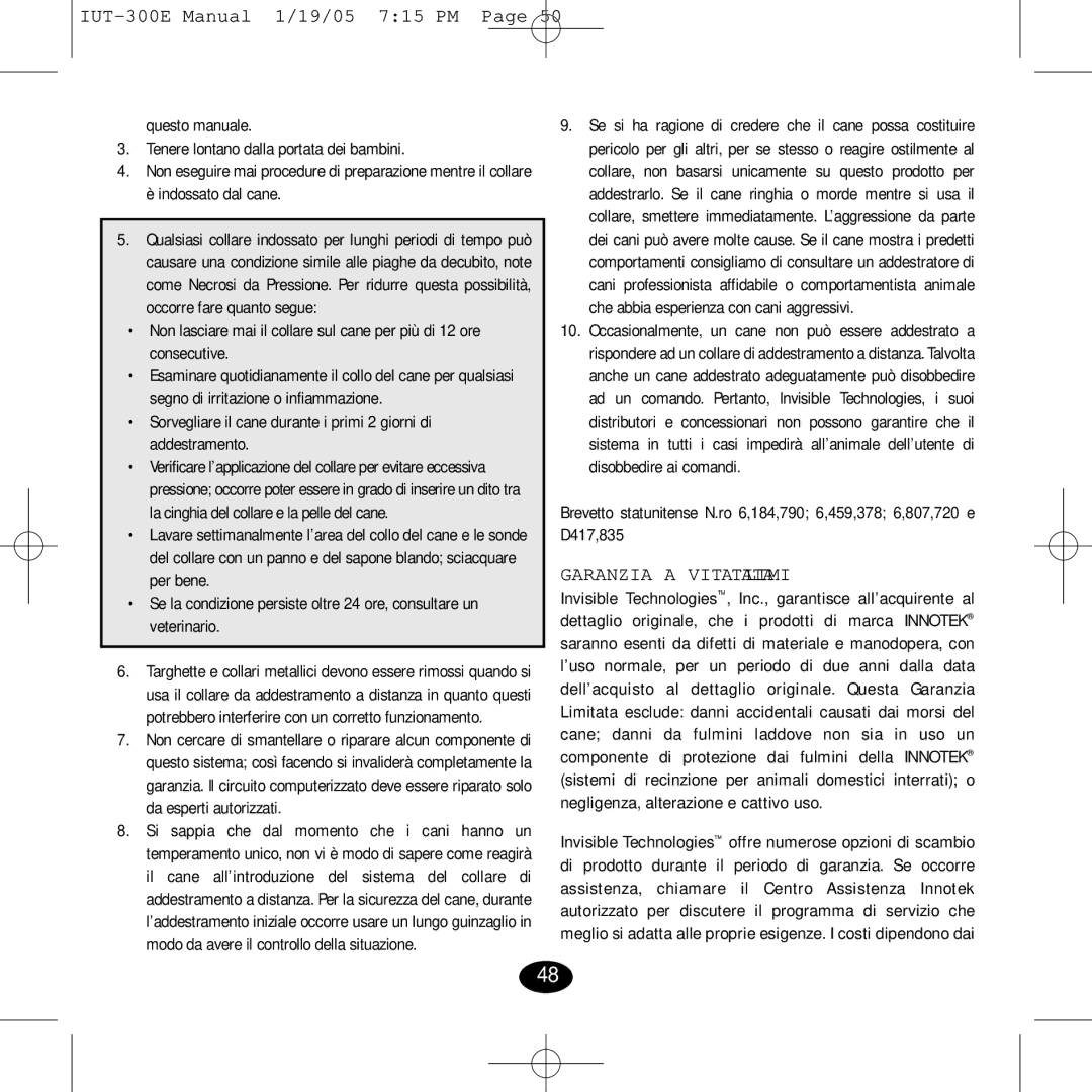 Innotek IUT-300E manual Garanzia a Vita Limitata 