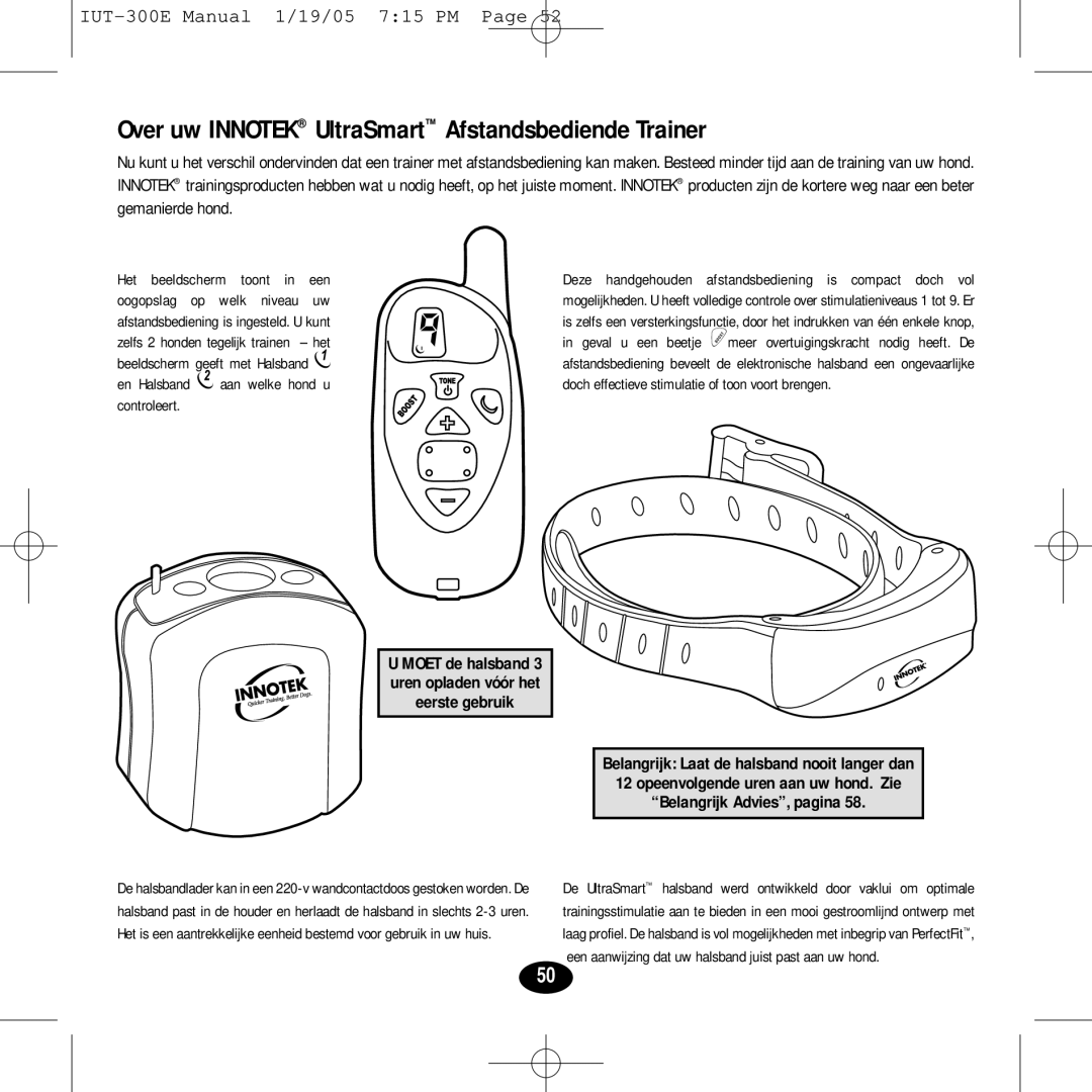 Innotek IUT-300E manual Over uw Innotek UltraSmart Afstandsbediende Trainer 