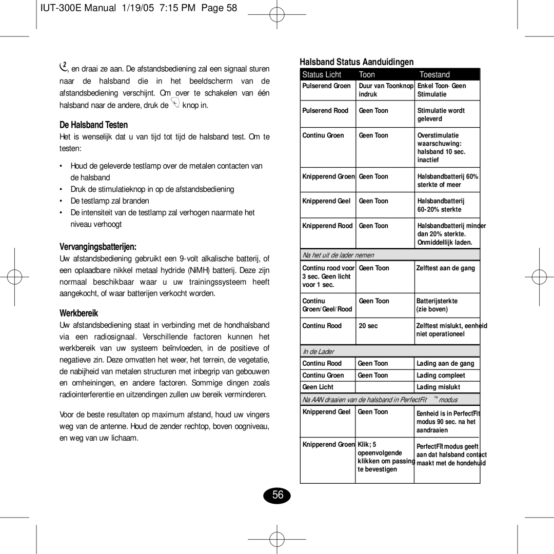 Innotek IUT-300E manual De Halsband Testen, Vervangingsbatterijen, Werkbereik 