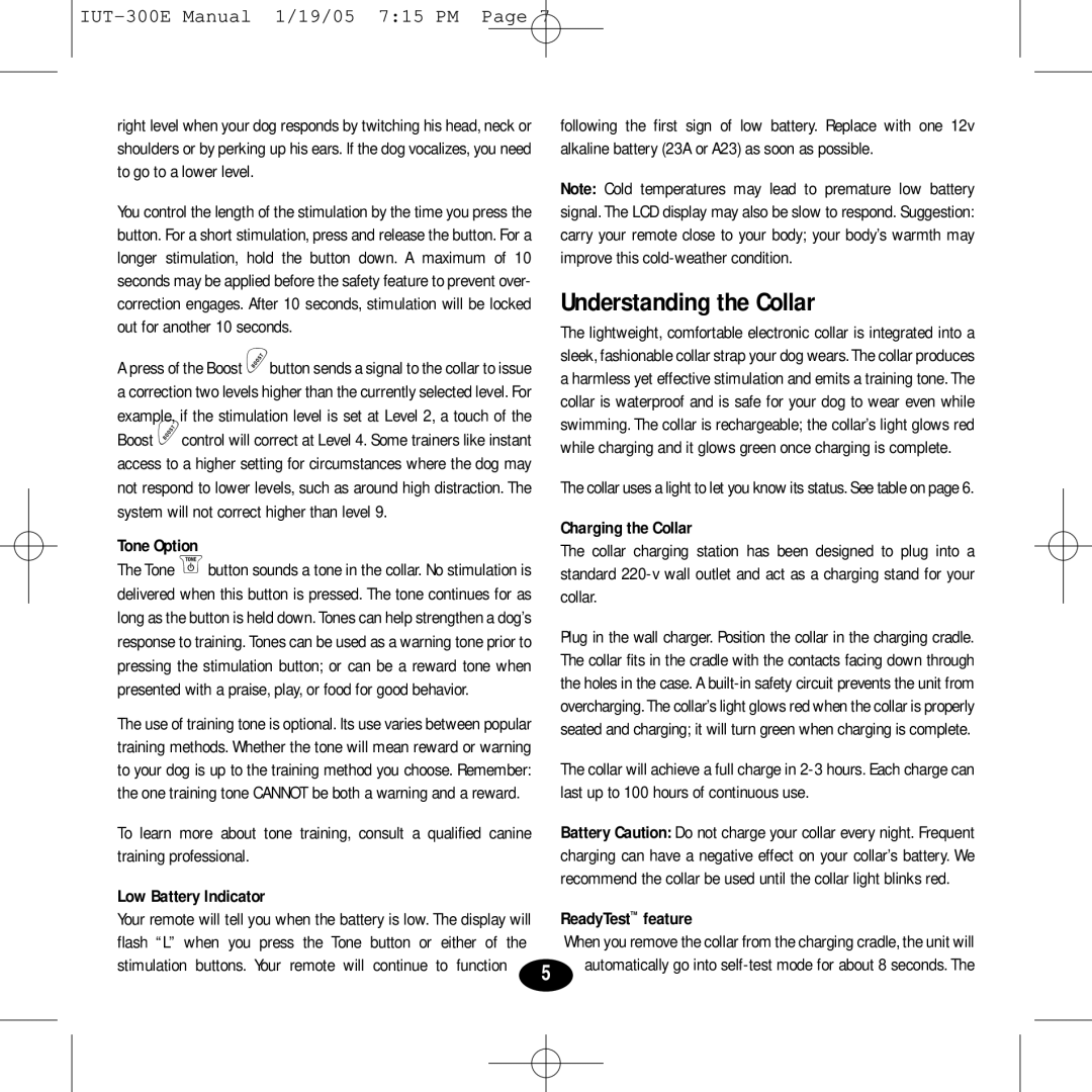 Innotek IUT-300E manual Understanding the Collar, Tone Option, Low Battery Indicator, Charging the Collar 