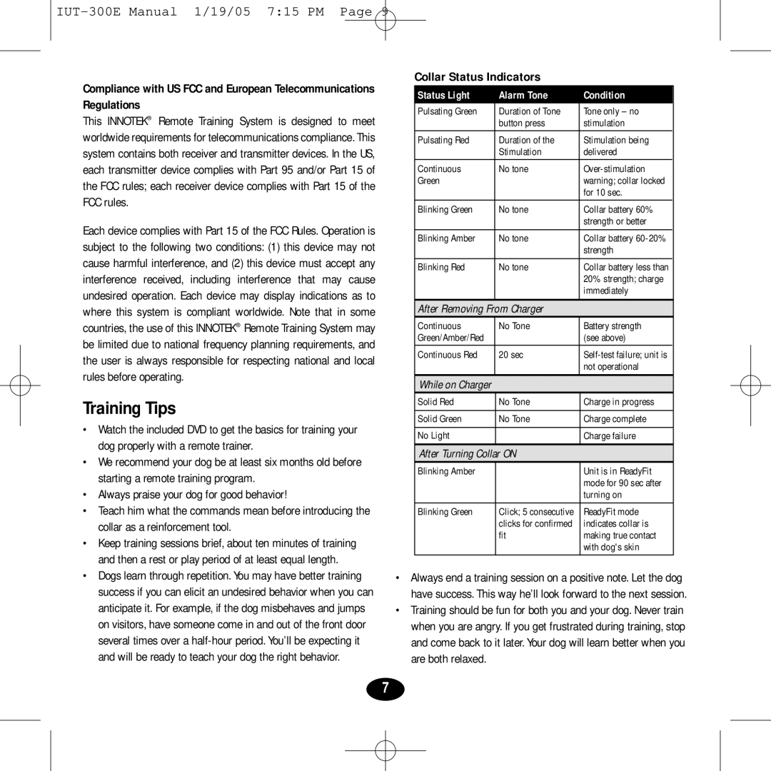 Innotek IUT-300E manual Training Tips, Collar Status Indicators 