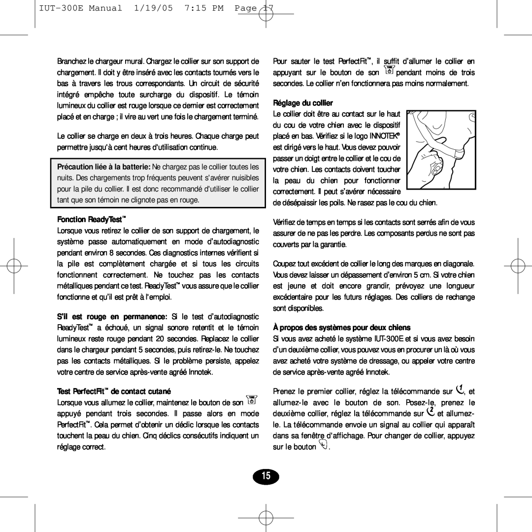 Innotek IUT-300EManual 1/19/05 7 15 PM Page, Fonction ReadyTest, Test PerfectFit de contact cutané, Réglage du collier 