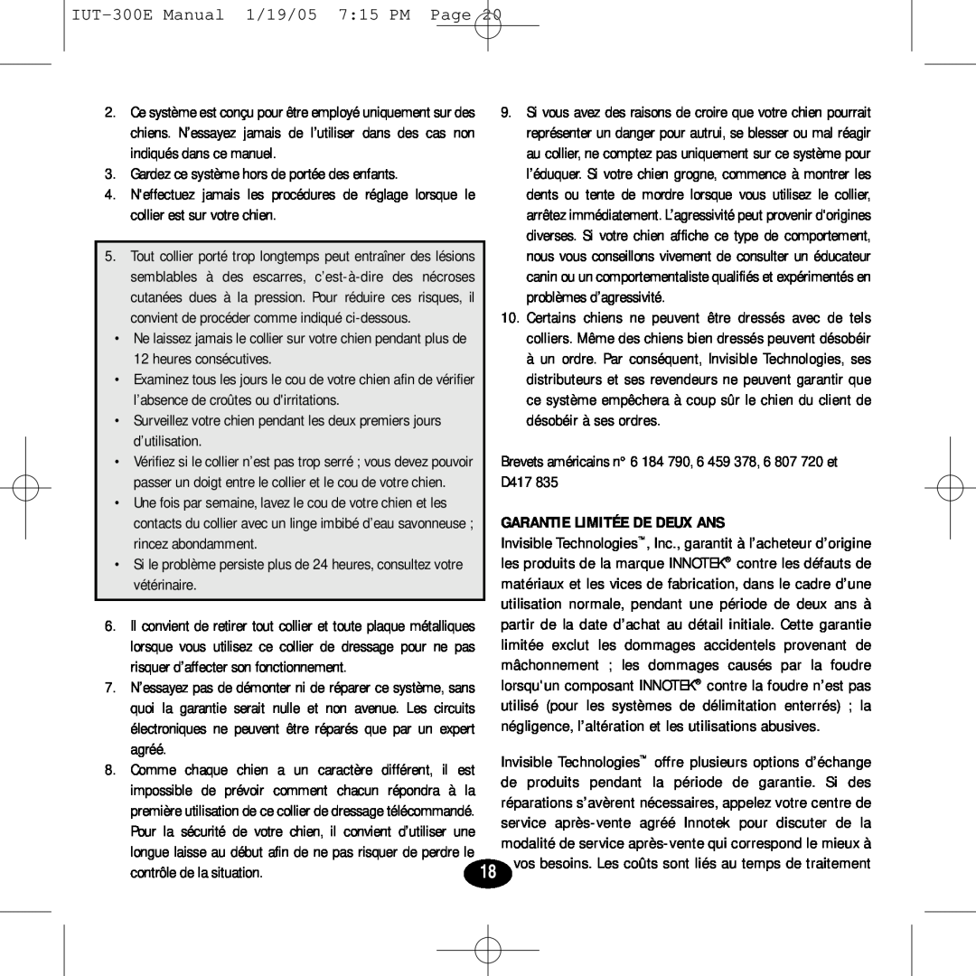 Innotek IUT-300E manual 1/19/05, 7 15 PM Page, Garantie Limitée De Deux Ans 