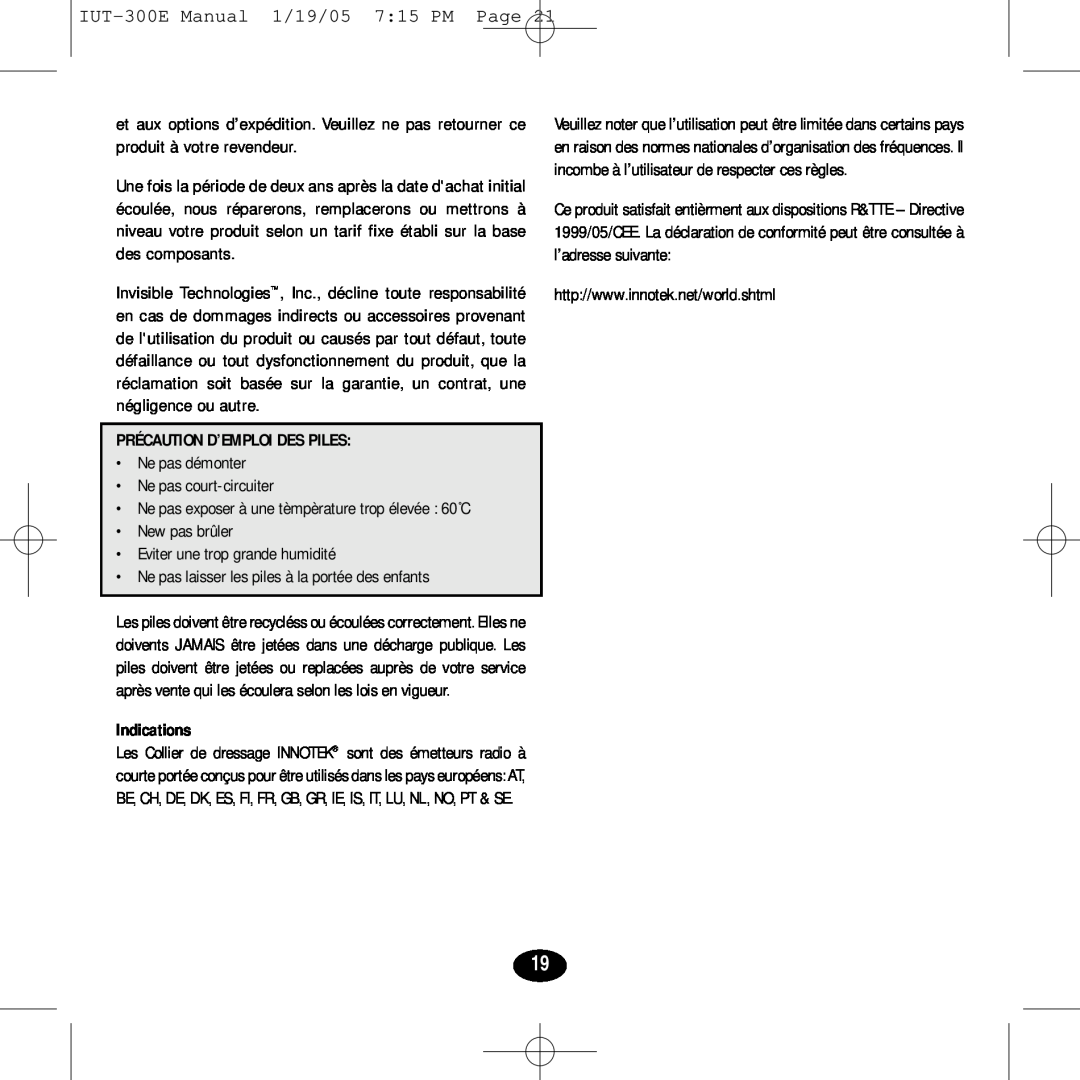 Innotek IUT-300EManual 1/19/05 7 15 PM Page, Précaution D’Emploi Des Piles, Ne pas démonter Ne pas court-circuiter 