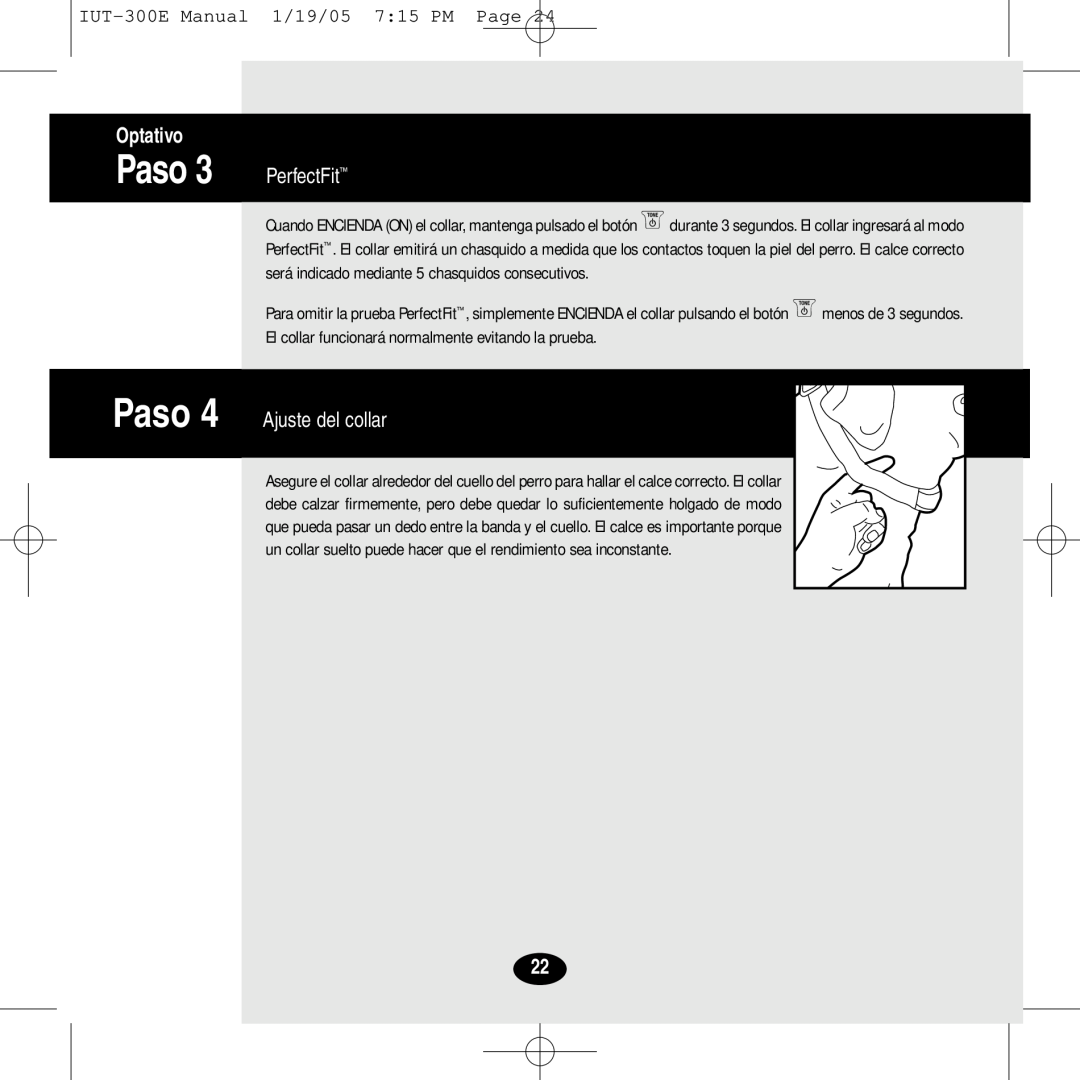 Innotek manual Optativo, Paso 3 PerfectFit, Paso 4 Ajuste del collar, IUT-300EManual 1/19/05 7 15 PM Page 