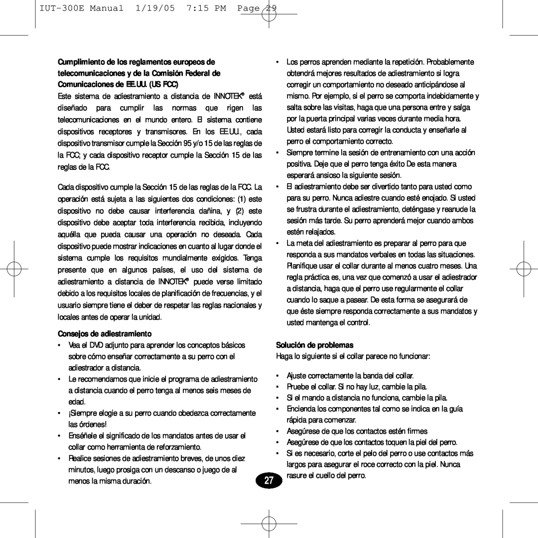 Innotek IUT-300E manual Consejos de adiestramiento, Solución de problemas 