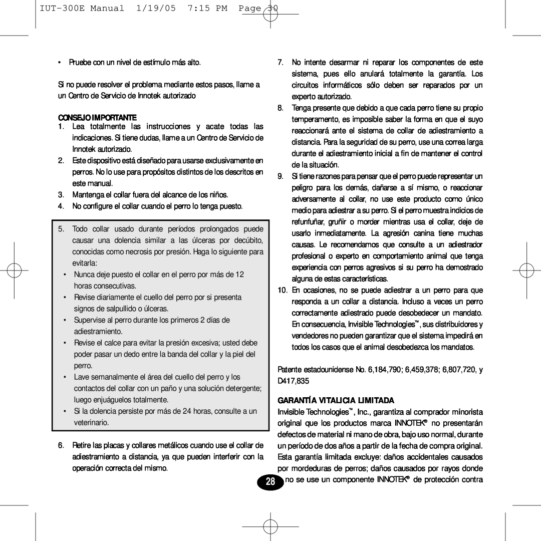 Innotek manual IUT-300EManual, 7 15 PM, Page, Consejo Importante, Garantía Vitalicia Limitada 