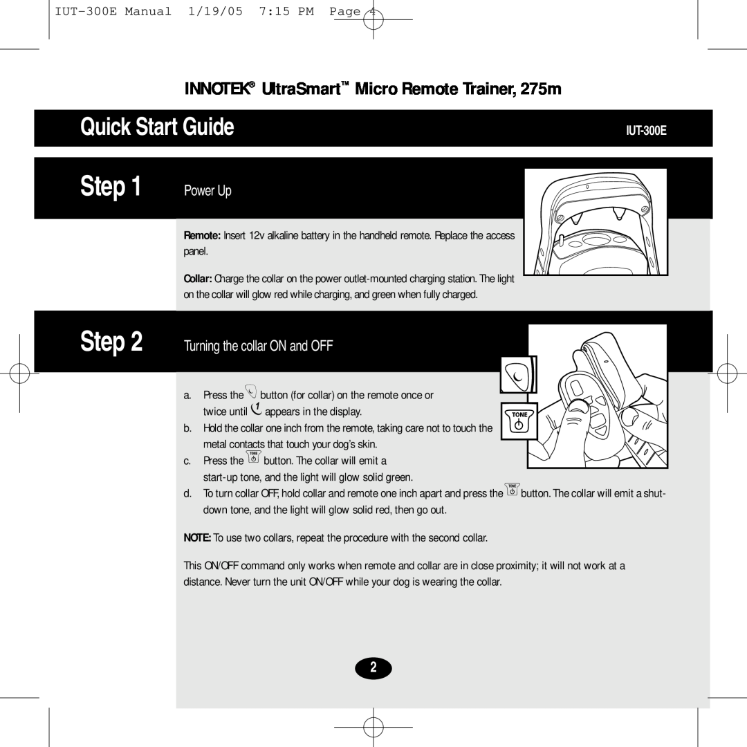 Innotek IUT-300E manual Step, Quick Start Guide, INNOTEK UltraSmart Micro Remote Trainer, 275m, Power Up 
