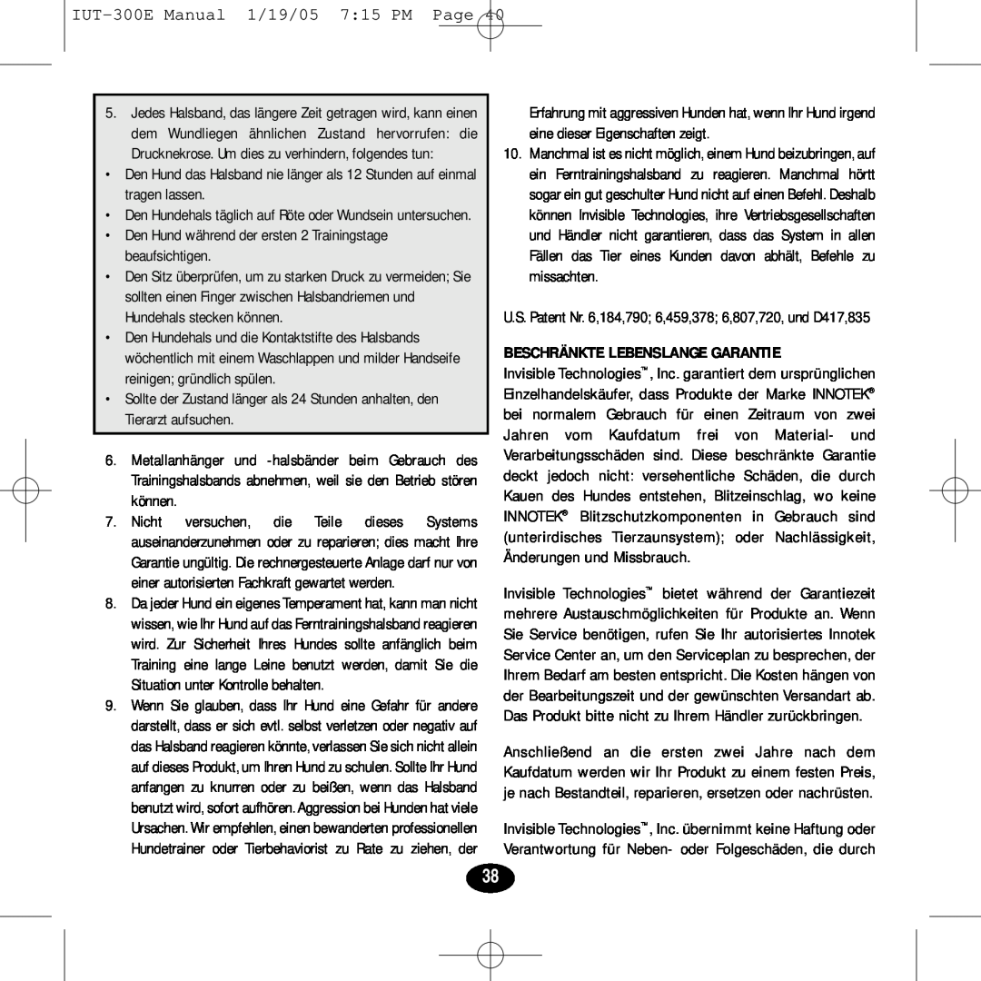 Innotek IUT-300E manual Beschränkte Lebenslange Garantie 