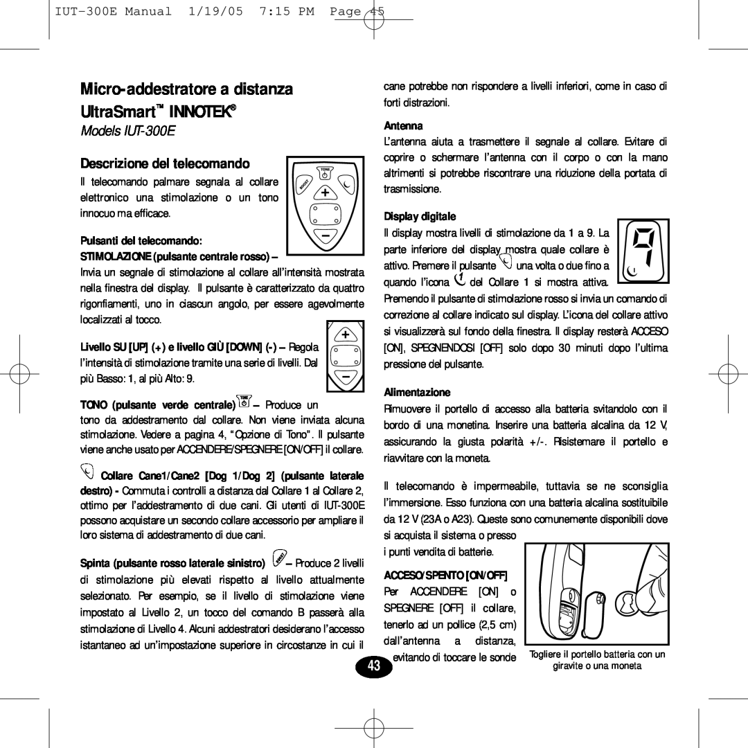 Innotek manual Descrizione del telecomando, Micro-addestratorea distanza UltraSmart INNOTEK, Models IUT-300E, Antenna 
