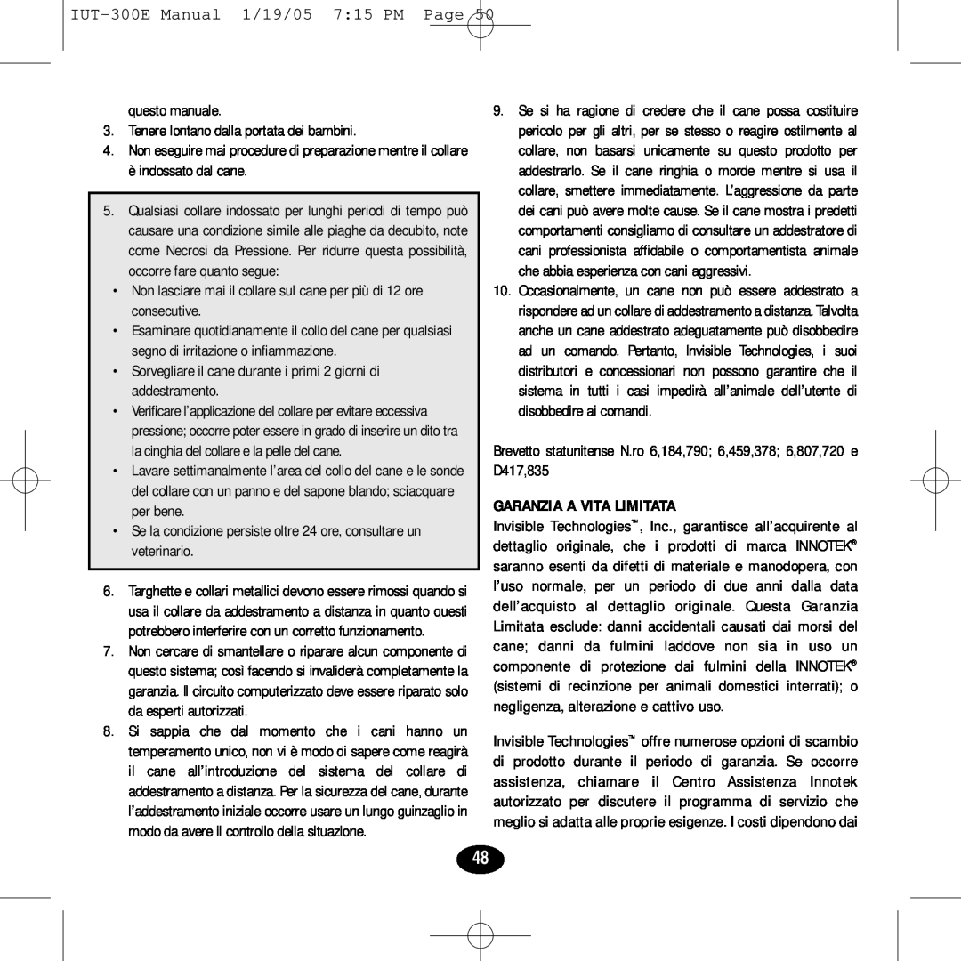 Innotek IUT-300E manual Garanzia A Vita Limitata 