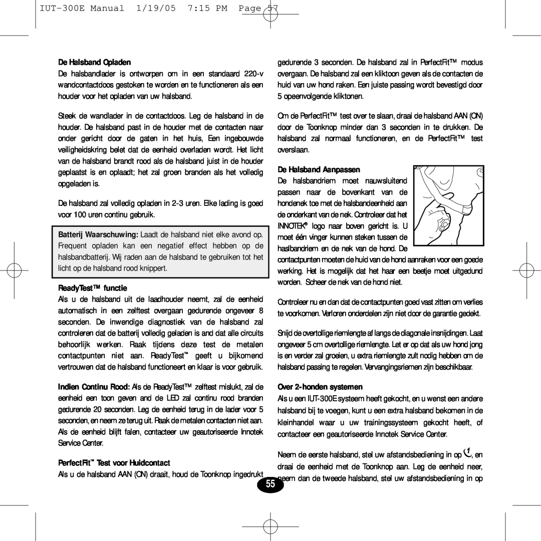 Innotek manual IUT-300EManual, 7 15 PM, Page, De Halsband Aanpassen, Over 2-hondensystemen, 1/19/05, Service Center 