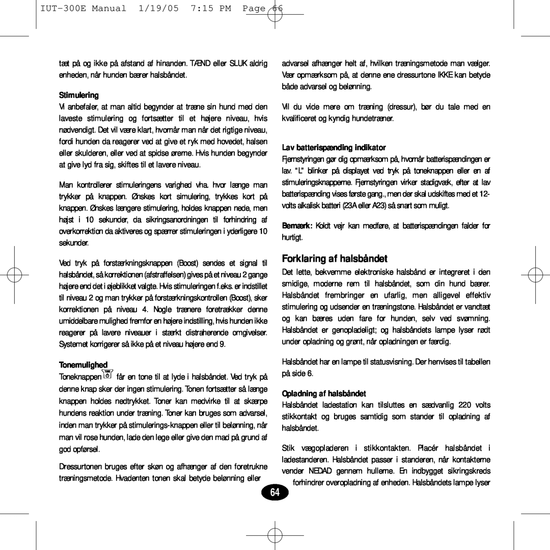 Innotek IUT-300E manual Forklaring af halsbåndet, Stimulering, Tonemulighed, Lav batterispænding indikator 