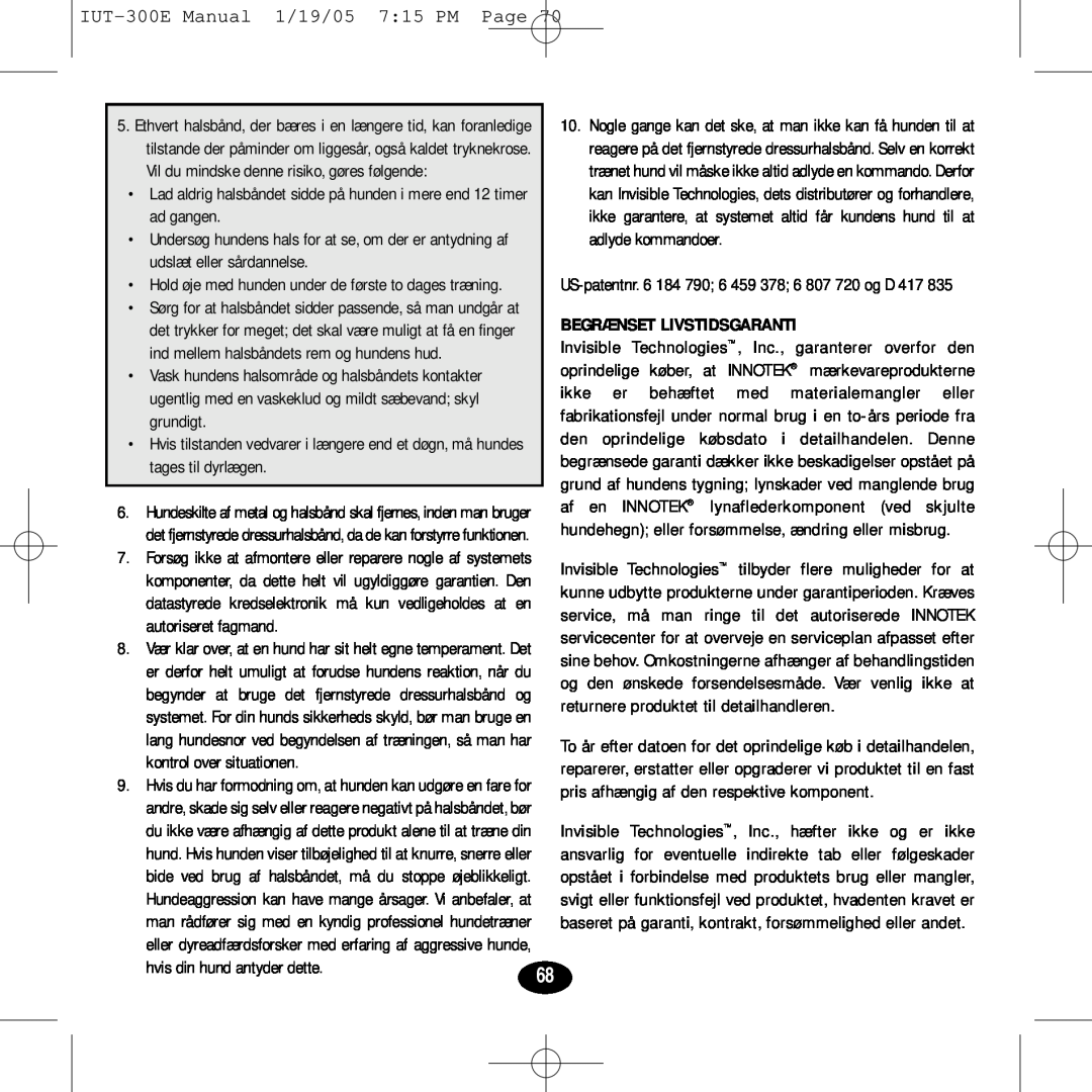 Innotek IUT-300E manual Begrænset Livstidsgaranti 