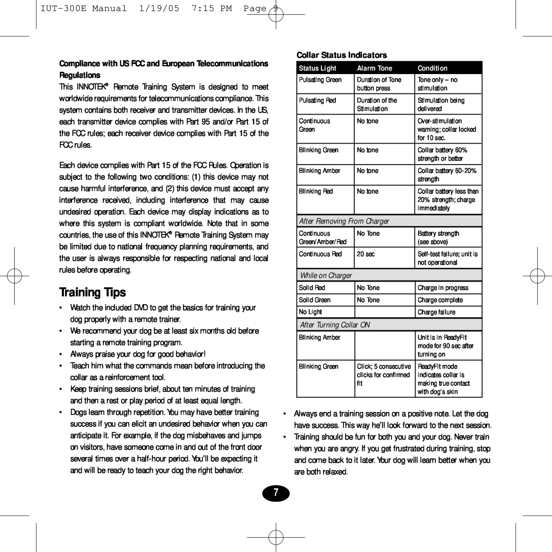 Innotek manual Training Tips, IUT-300EManual 1/19/05 7 15 PM Page, Collar Status Indicators, Status Light, Alarm Tone 