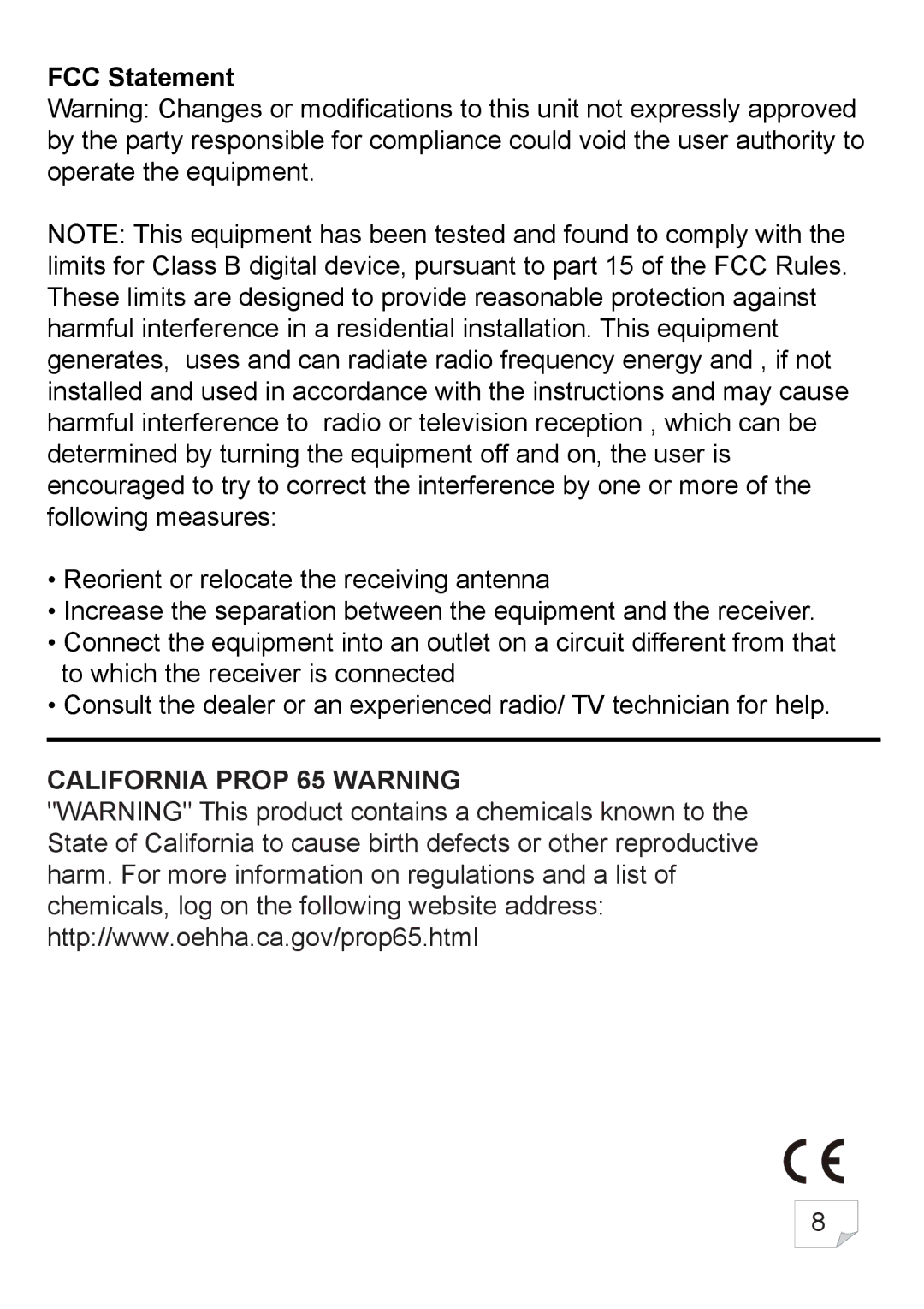 Innovation Technology ITGSH-150 manual FCC Statement, California Prop 65 Warning 