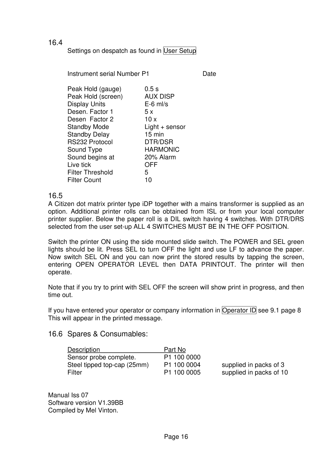 Innovation Technology SF6 manual 16.4, 16.5, Spares & Consumables 