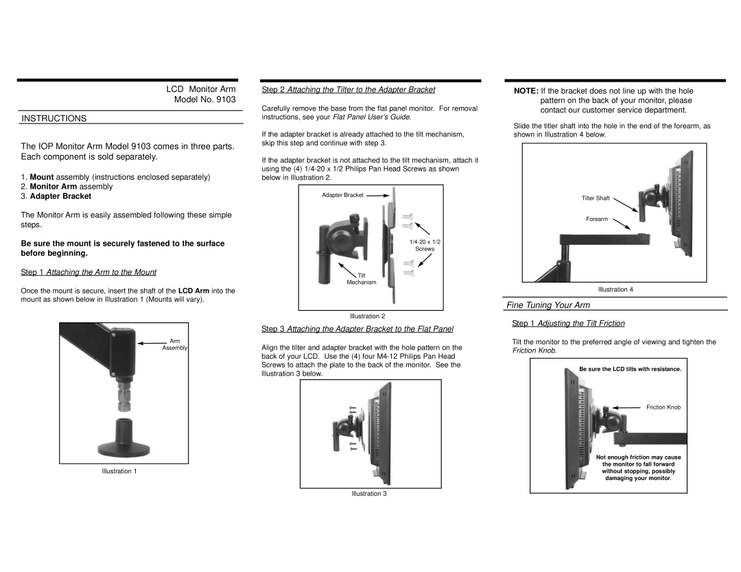 Innovative Ideas Limited 9103 manual Instructions, Fine Tuning Your Arm, Monitor Arm assembly Adapter Bracket 