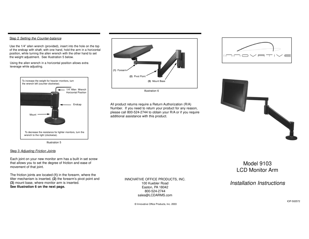 Innovative Ideas Limited 9103 manual Setting the Counter-balance, Adjusting Friction Joints, See Illustration 6 on the next 