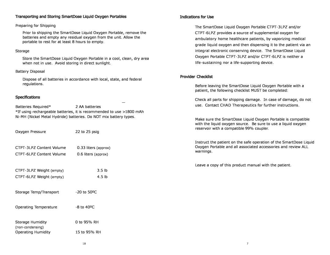 Inova CTPT-3LPZ, CTPT-6LPZ manual Transporting and Storing SmartDose Liquid Oxygen Portables 