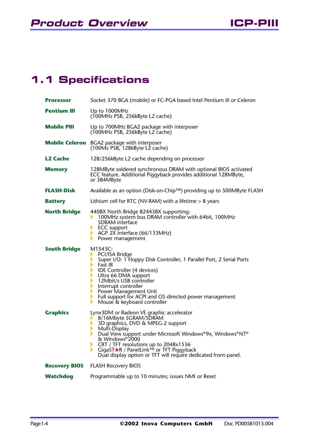 Inova ICP-PII user manual Specifications, Mobile Piii 