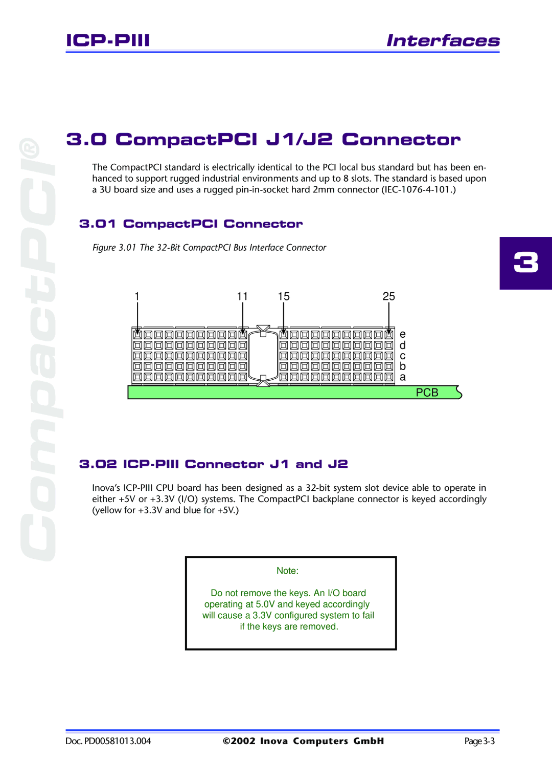 Inova user manual CompactPCI J1/J2 Connector, CompactPCI Connector, ICP-PIII Connector J1 and J2 