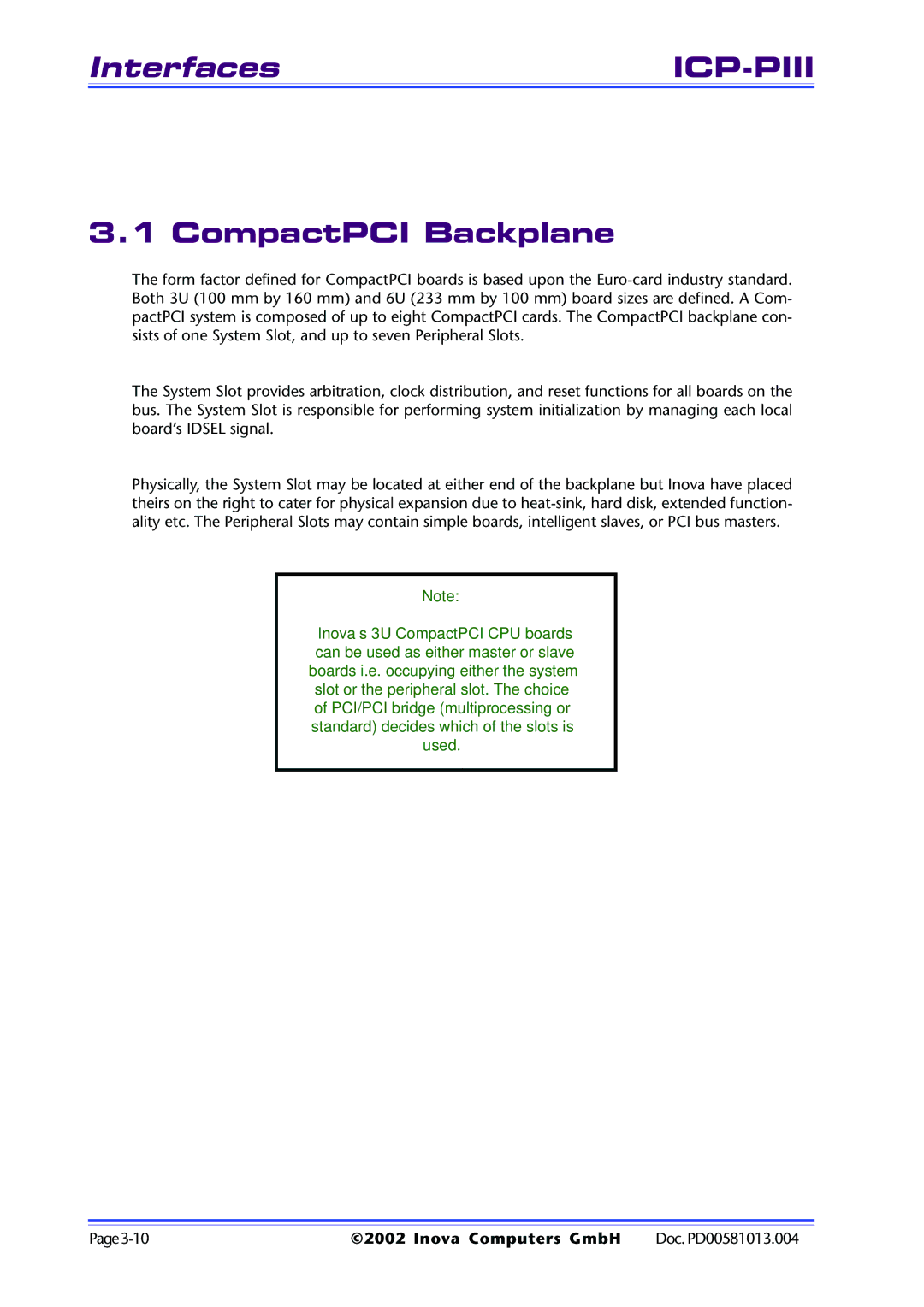 Inova ICP-PII user manual CompactPCI Backplane 