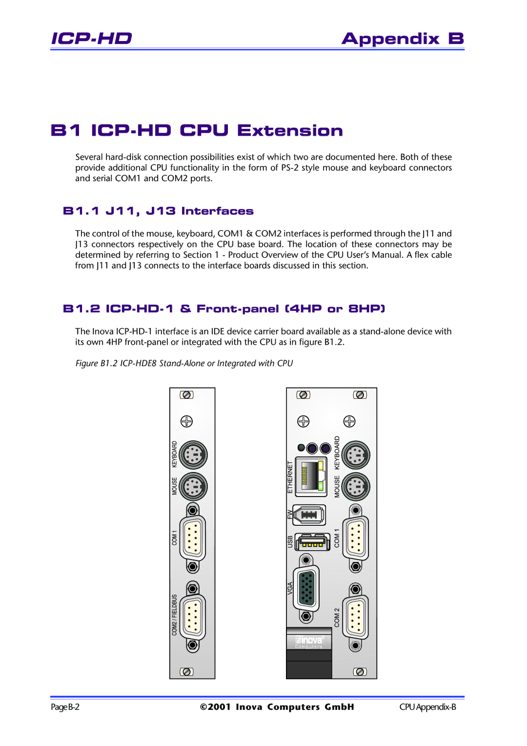 Inova ICP-PII user manual B1 ICP-HD CPU Extension, B1.1 J11, J13 Interfaces, B1.2 ICP-HD-1 & Front-panel 4HP or 8HP 